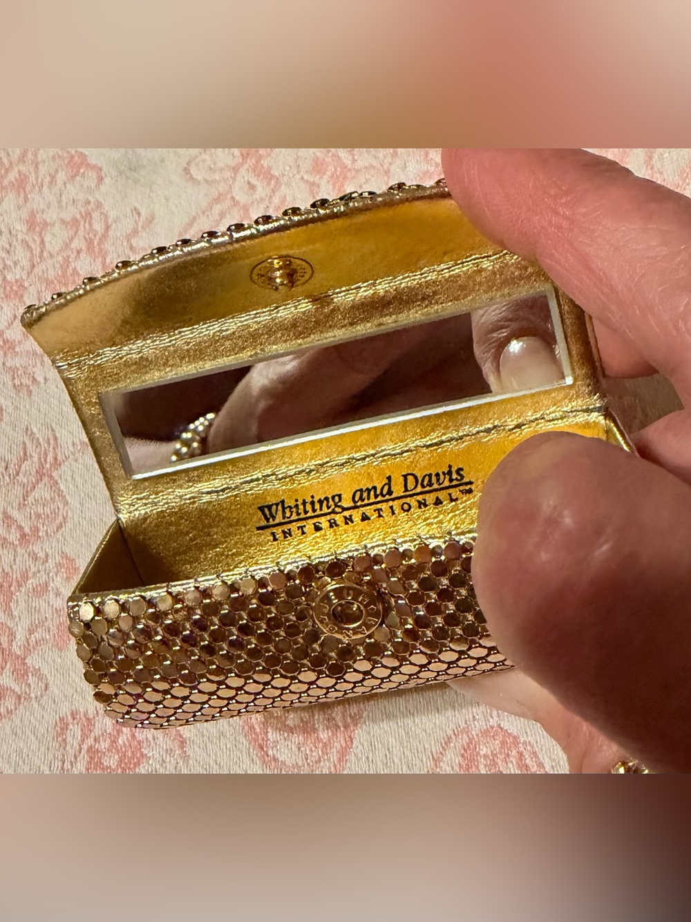 Whiting and Davis International Gold Mesh Lipstick Case w/Mirror & Snap Closure